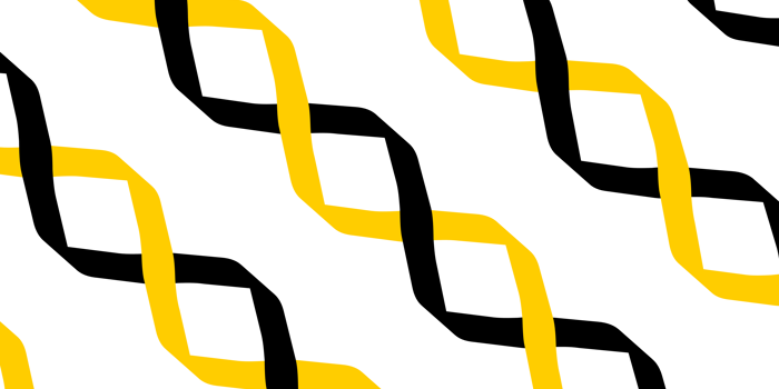 Abstract pattern featuring interlocking diagonal shapes resembling twisted ribbons in alternating black and yellow colors on a white background. The design creates a repeating geometric motif with a sense of movement and symmetry across the image.