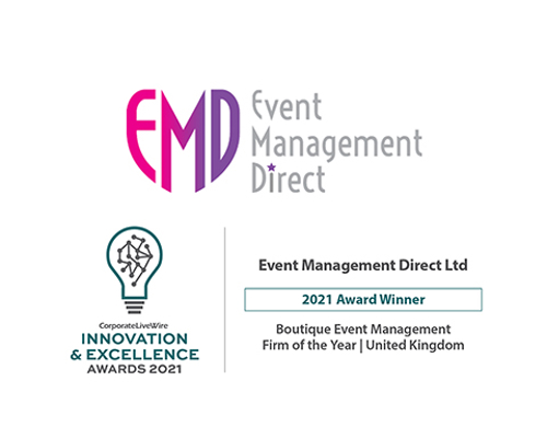Logo and award graphic for Event Management Direct Ltd. The logo features the letters 'EMD' in bold pink and purple, followed by the words 'Event Management Direct' in gray. Below, a lightbulb icon with a network design represents the Corporate LiveWire Innovation & Excellence Awards 2021. Text reads: 'Event Management Direct Ltd, 2021 Award Winner, Boutique Event Management Firm of the Year | United Kingdom.'