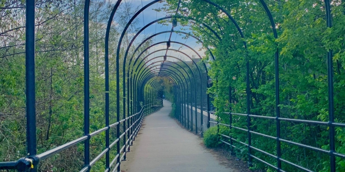 Five Weirs Walk bridge on a sunny day.