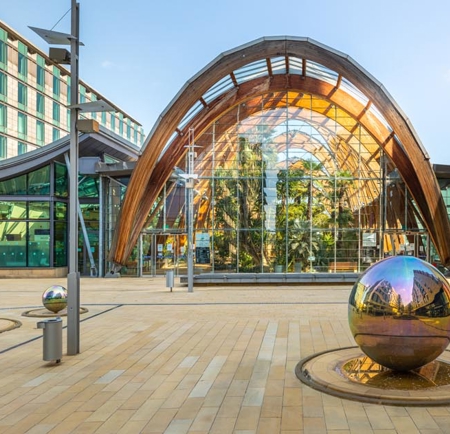A view of the outside of the Sheffield Winter Garden seen from Millennium Square.