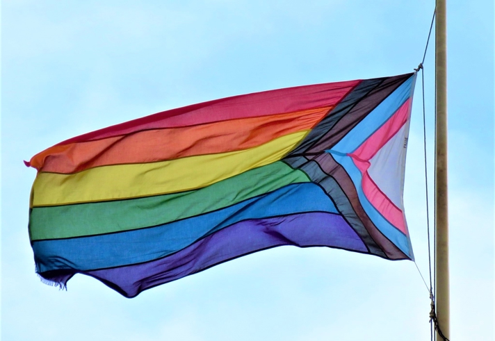 Progress Pride flag flying on a flagpole against a clear blue sky. The flag features horizontal rainbow stripes along with a chevron design in black, brown, white, pink, light blue, and blue.