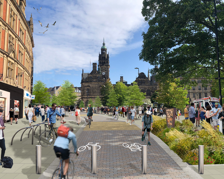 Pedestrian-friendly urban street with a dedicated cycle lane leading towards a historic building with a clock tower in the background. People are walking, cycling, and socializing along wide pavements lined with trees and greenery. On the left, there are traditional stone buildings with shops, and on the right, a landscaped area with flowers and an ice cream van. The sky is partly cloudy with birds flying overhead.