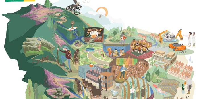 Illustration of Sheffield showing key city landmarks and the greenspace of the city