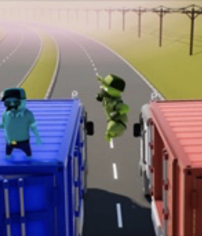 A screen shot of computer graphics showing two figures on top of two trucks that are driving down a road.