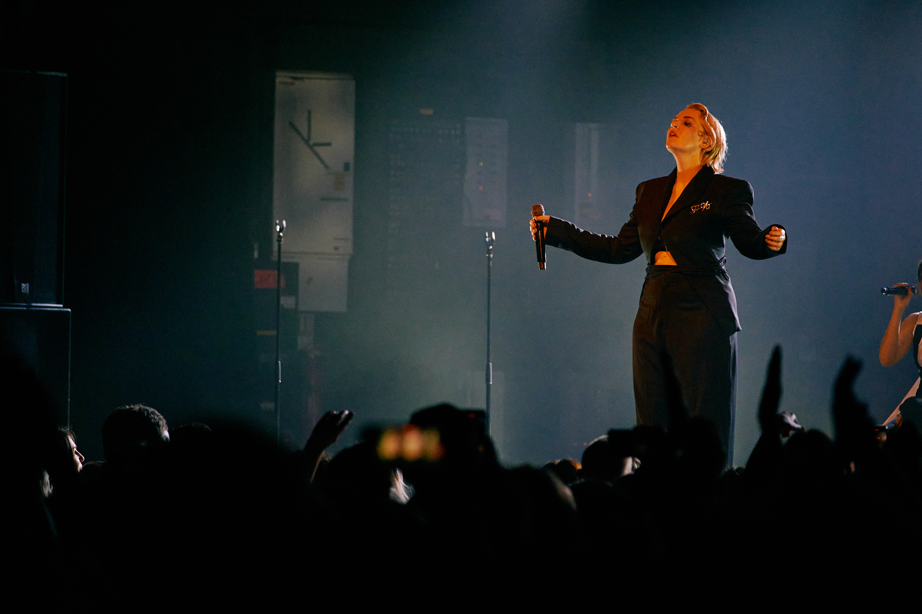 erformer on stage holding a microphone, wearing a dark suit, with arms slightly raised. The scene is dimly lit with a spotlight from above, and a crowd of people is visible in the