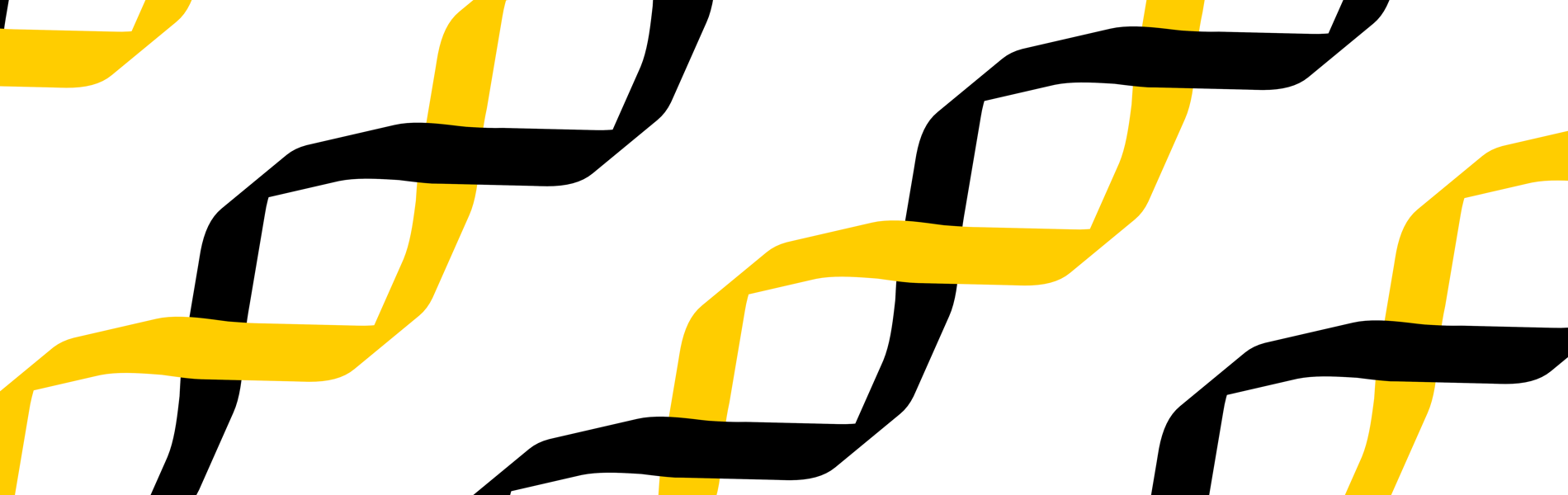 Abstract pattern of interlocking diagonal shapes in black and yellow on a white background, forming a repeating twisted ribbon design.