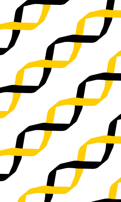 Abstract pattern of interlocking diagonal shapes in black and yellow on a white background, forming a repeating twisted ribbon design.