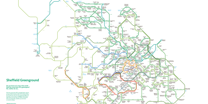 A detailed map titled “Sheffield Greenground” showing interconnected walking and cycling routes across Sheffield and surrounding areas. The map is styled like a transit diagram, with colored lines representing different route types such as parks, trails, and green spaces. Key locations, neighborhoods, and landmarks are labeled throughout the map. A legend at the bottom indicates route categories in various colours, and branding for The Outdoor City and partners appears in the lower-left corner.