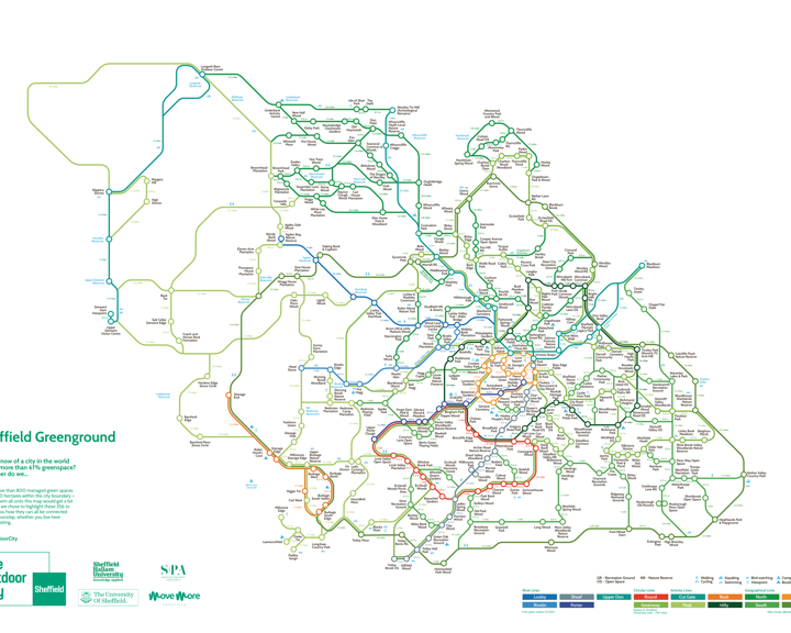 A detailed map titled “Sheffield Greenground” showing interconnected walking and cycling routes across Sheffield and surrounding areas. The map is styled like a transit diagram, with colored lines representing different route types such as parks, trails, and green spaces. Key locations, neighborhoods, and landmarks are labeled throughout the map. A legend at the bottom indicates route categories in various colours, and branding for The Outdoor City and partners appears in the lower-left corner.