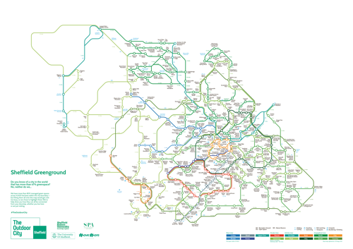 A detailed map titled “Sheffield Greenground” showing interconnected walking and cycling routes across Sheffield and surrounding areas. The map is styled like a transit diagram, with colored lines representing different route types such as parks, trails, and green spaces. Key locations, neighborhoods, and landmarks are labeled throughout the map. A legend at the bottom indicates route categories in various colors, and branding for The Outdoor City and partners appears in the lower-left corner.