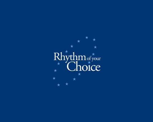 Logo with white text on a dark blue background reading 'Rhythm of your Choice' in serif font, surrounded by a curved arrangement of small white stars.