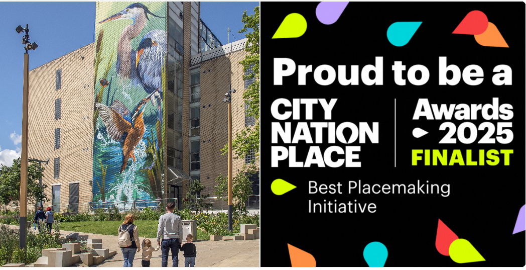 A picture of a family walking towards a mural showing a kingfisher and heron alongside a piece of artwork fro Best Placemaking Initiative at the CNP Awards
