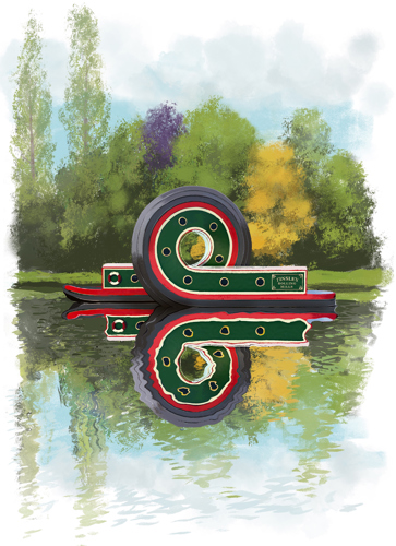 Illustration of a green and red canal boat sculpture partially submerged in calm water, forming a circular shape with its reflection. The background shows tall trees and dense foliage in shades of green, yellow, and purple under a soft, cloudy sky.