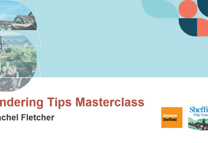 Presentation slide with a light blue background and geometric shapes in red, blue, and teal on the top right. Text reads ‘Tendering Tips Masterclass’ with ‘Rachel Fletcher’ below. Logos for Business Sheffield and Sheffield City Council appear at the bottom right.
