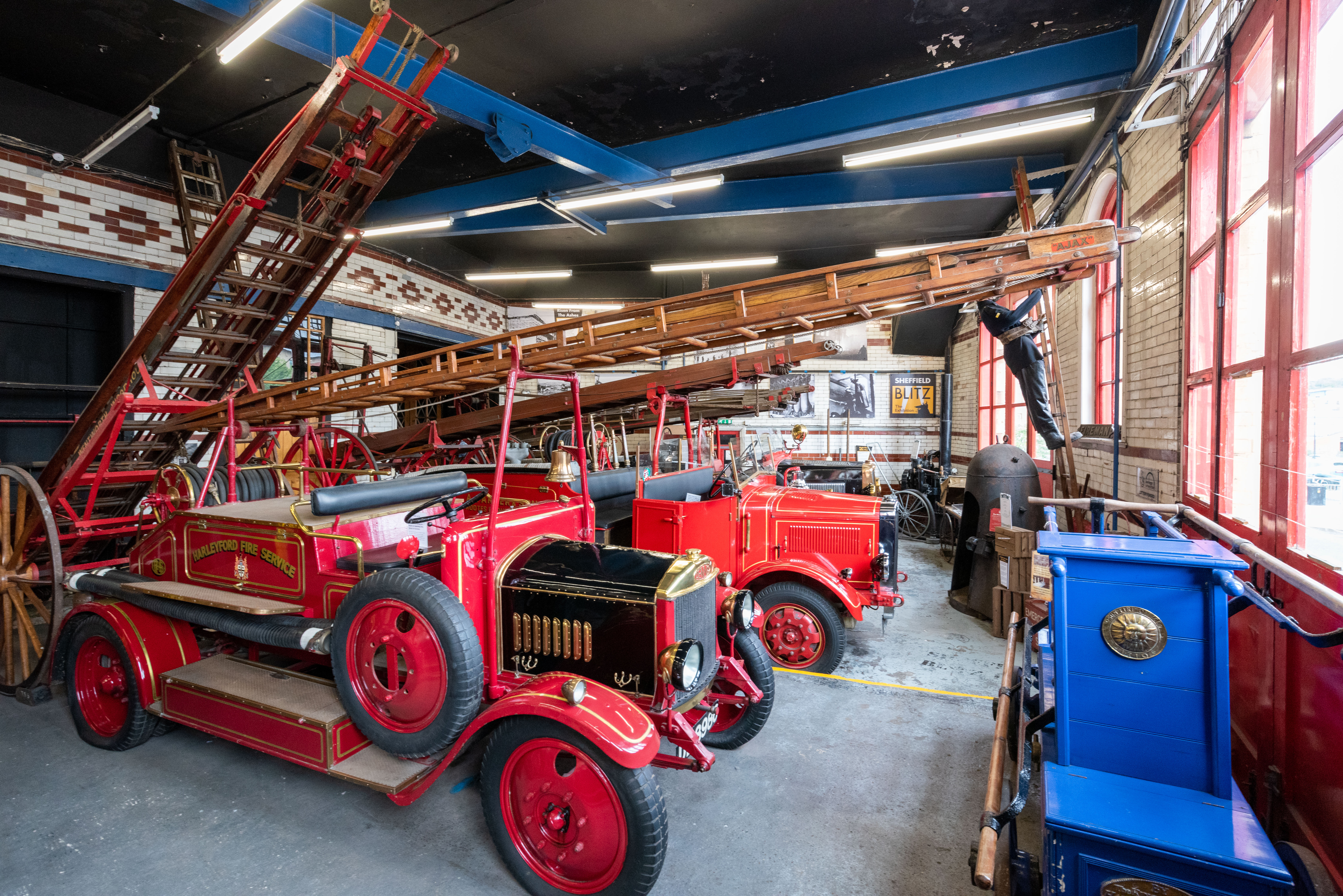 A row of old fire engines at the National Emergency Services Museum.