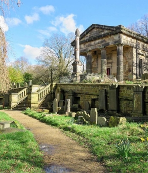 Samuel Worth Chapel at Sheffield General Cemetery in the sunshine.