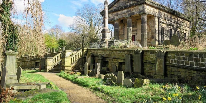 Samuel Worth Chapel at Sheffield General Cemetery in the sunshine.