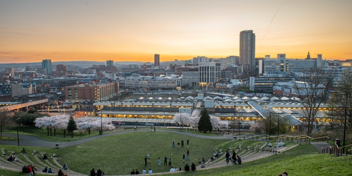 Sunset view of Sheffield viewed from South Street Park and amphitheatre 