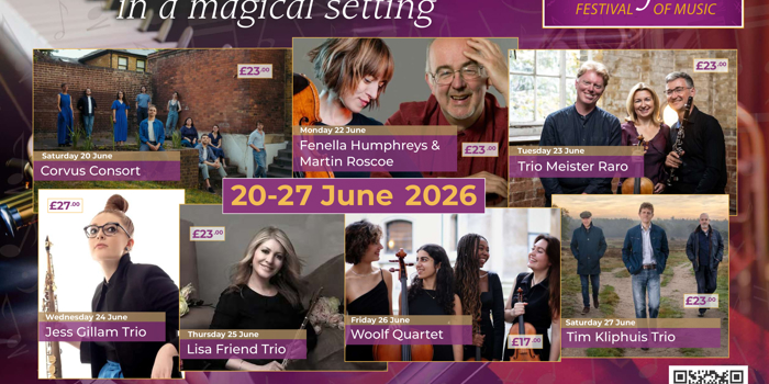 Poster for the Bradfield Festival of Music, with a purple background and a collage of images of the performers.