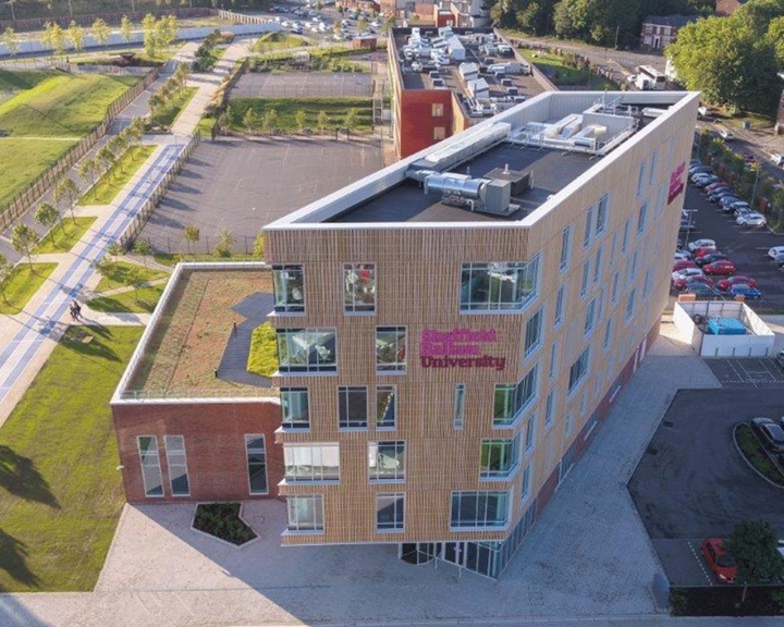 An aerial view of the The Advanced Wellbeing Research Centre (AWRC) building.