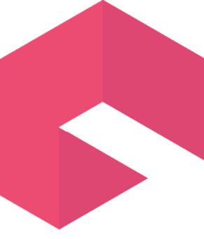 Minimalist logo design featuring an abstract geometric shape resembling an upward arrow or stylized roof structure. The shape is composed of three connected segments in varying shades of pink, creating a sense of depth and dimension. The background is plain white, emphasising the bold, modern design.