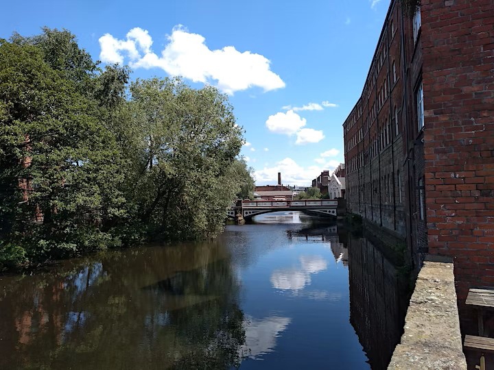 Kelham Weir view with the sun glistening on the River Don.