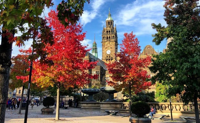 Sheffield Town Hall behind red and green leafy trees in the Peace Gardens