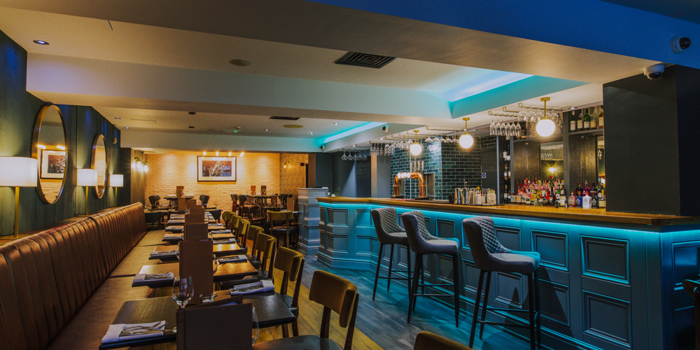 Luxurious décor and subdued lighting inside Silversmiths restaurant in Sheffield.