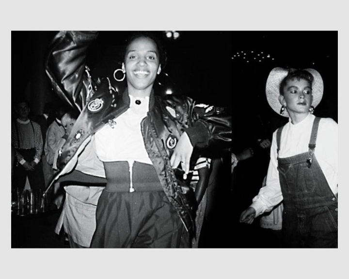 A black-and-white photo collage showing two people dancing at what appears to be a lively indoor event. On the left, a person is wearing a shiny bomber jacket with patches, a high-waisted skirt or pants, and large hoop earrings, striking a dynamic pose with one arm raised. On the right, another person is dressed in overalls over a long-sleeved shirt and wearing a large cowboy hat. The background includes other attendees and dim lighting, suggesting a nightclub or party atmosphere.