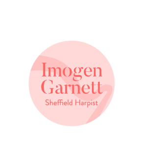 "Logo with a pink circular background featuring the text 'Imogen Garnett' in bold coral letters and 'Sheffield Harpist' in smaller coral letters below.