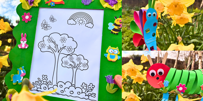 Arts and crafts made by children including a paper caterpillar.