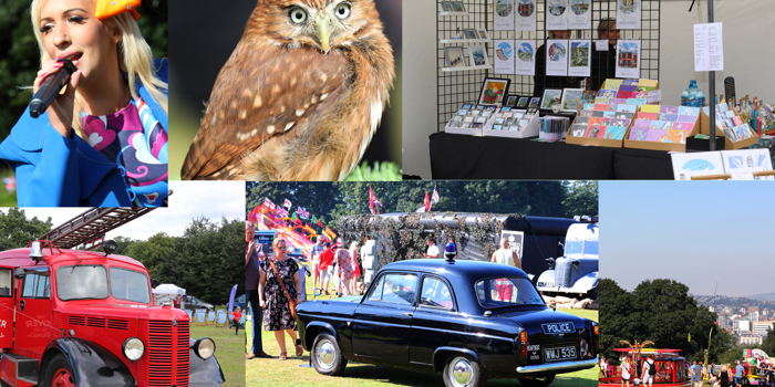 A selection of images from past Sheffield Fayre, including a singer, a bird of prey, a stall selling cards and prints, a vintage  fire engine, a vintage police car and a fair.