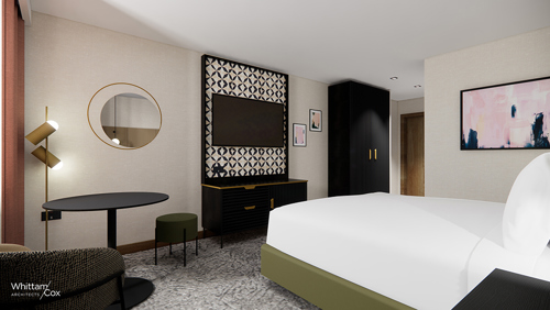 Modern hotel room with a large bed, a black wardrobe, and a patterned feature wall with a mounted TV. The room includes a round mirror, a small black table with a green stool, a cushioned chair, and contemporary lighting. A framed abstract artwork hangs on the wall, and the floor is carpeted in a neutral tone.