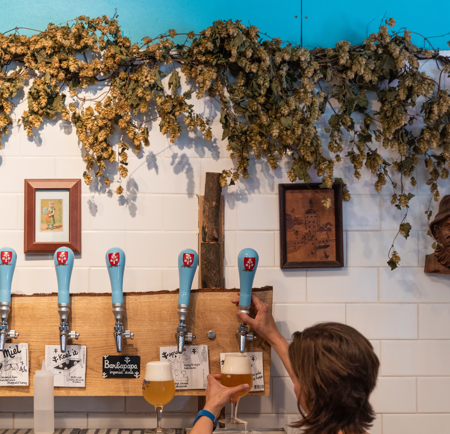 A woman pulling a pint at The Brewery of St Mars of the Desert.