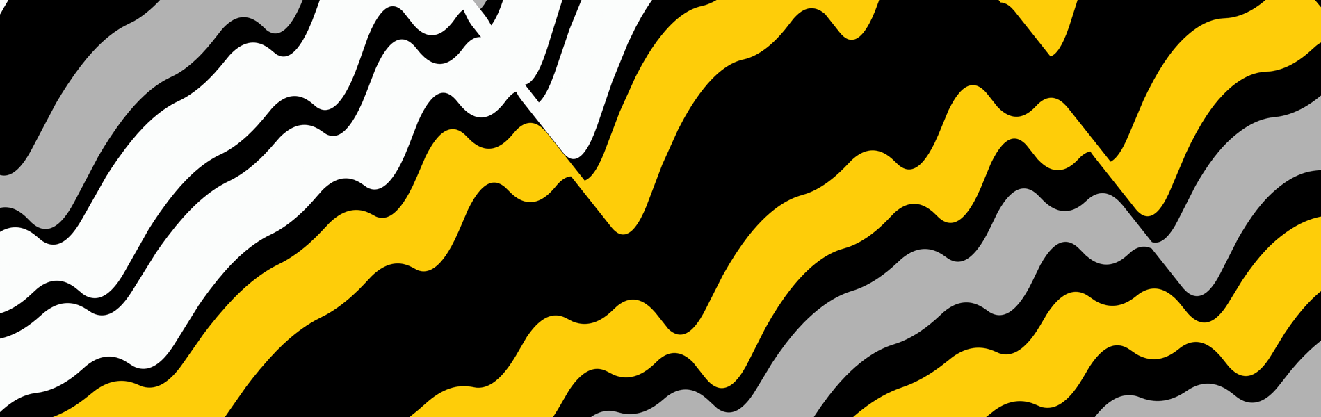 Abstract design featuring wavy, layered stripes in black, white, yellow, and gray. The stripes form diagonal, zigzagging patterns that resemble overlapping mountain peaks or topographic lines.