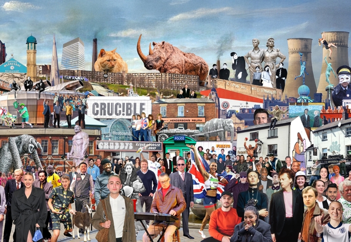 A vibrant collage featuring Sheffield landmarks, cultural icons, and historical references. The image includes buildings, statues, sports figures, musicians, and animals such as a mammoth and a squirrel, alongside industrial elements like cooling towers. Text such as “CRUCIBLE” and “GOODBYE” appears among the mix, creating a busy, colourful scene celebrating the city’s heritage and identity.