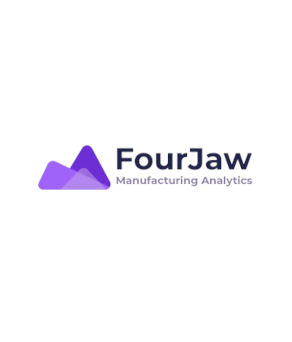 FourJaw logo featuring two overlapping triangular shapes in shades of purple on the left, followed by the text “FourJaw” in bold dark font. Beneath it, the tagline “Manufacturing Analytics” appears in a lighter gray font.