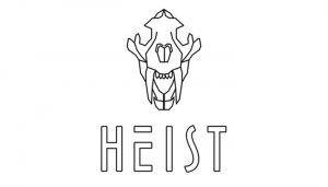Minimalist black-and-white logo featuring an outlined animal skull with prominent teeth above the word ‘HEIST’ in bold, stylized uppercase letters.