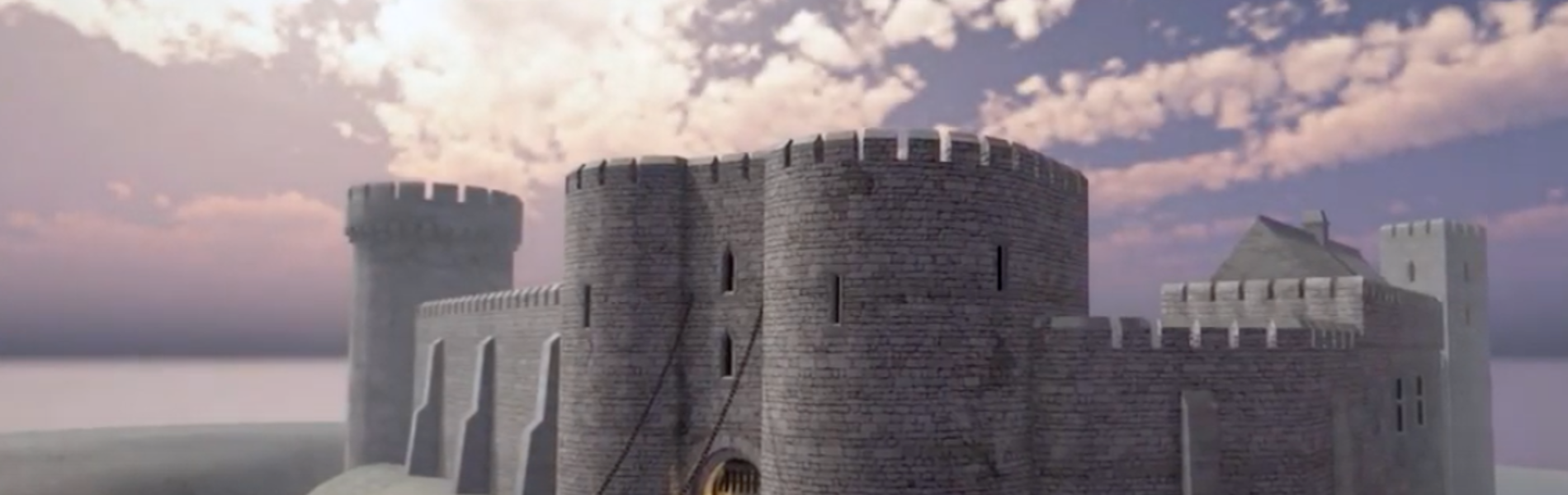 Digital reconstruction of a medieval stone castle with round towers and battlements, surrounded by a moat. A drawbridge is lowered, with figures and horses crossing toward the main gate under a partly cloudy sky.
