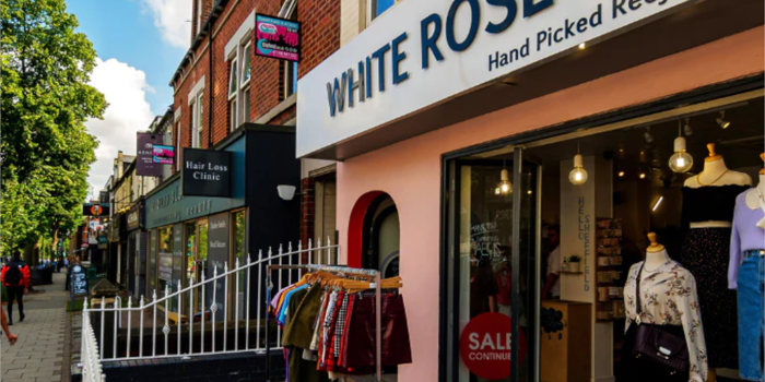 The exterior of the White Rose Recycled Fashion - Ladies shop.