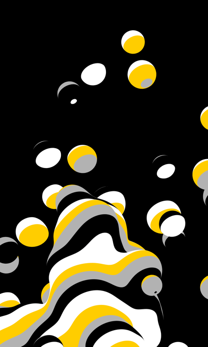 Abstract illustration featuring a cluster of wavy, layered shapes in black, white, yellow, and gray at the bottom, with numerous floating spheres in the same colours scattered across a black background. The design has a dynamic, modern feel with bold contrasts and curved lines.