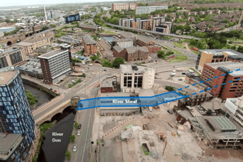 Aerial view of an urban area showing roads, bridges, and buildings with two rivers labeled ‘River Don’ and ‘River Sheaf.’ The River Sheaf is highlighted in blue as it flows through a construction site and joins the River Don near a bridge.